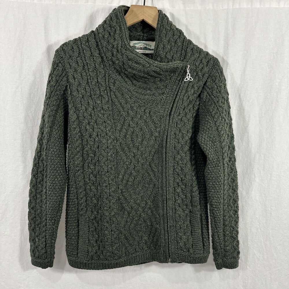 Aran Craft Shannon Side Zip Green Cardigan Fisherman Womens Sz M Merino Wool